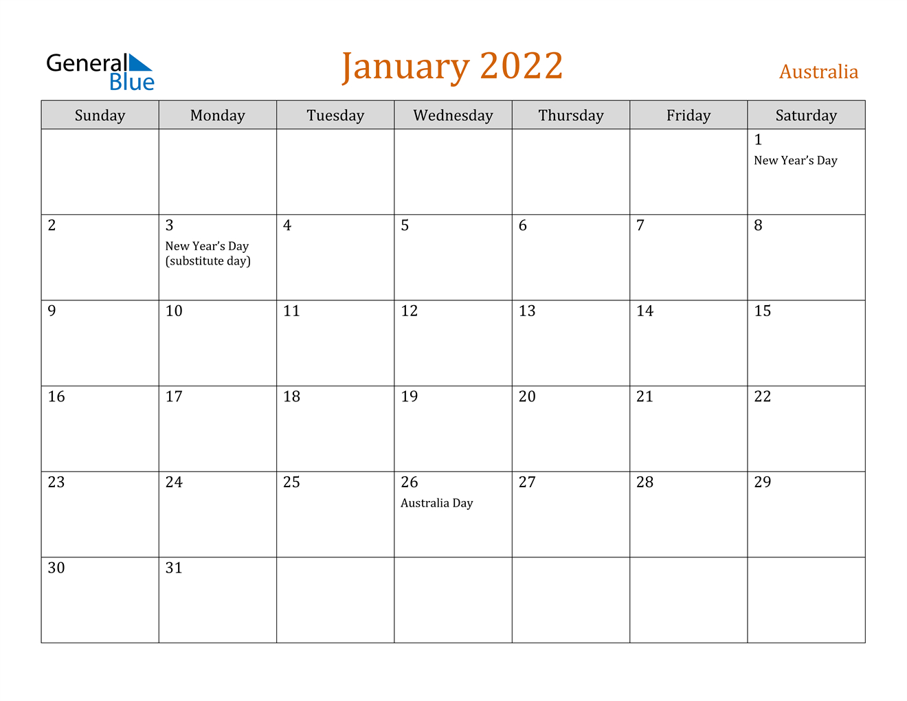January 2022 Calendar - Australia