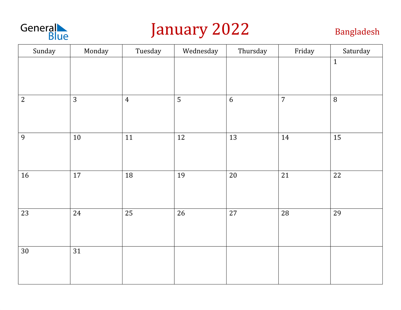January 2022 Calendar - Bangladesh