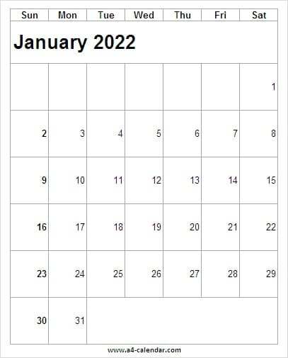 January 2022 Calendar Image - A4 Calendar
