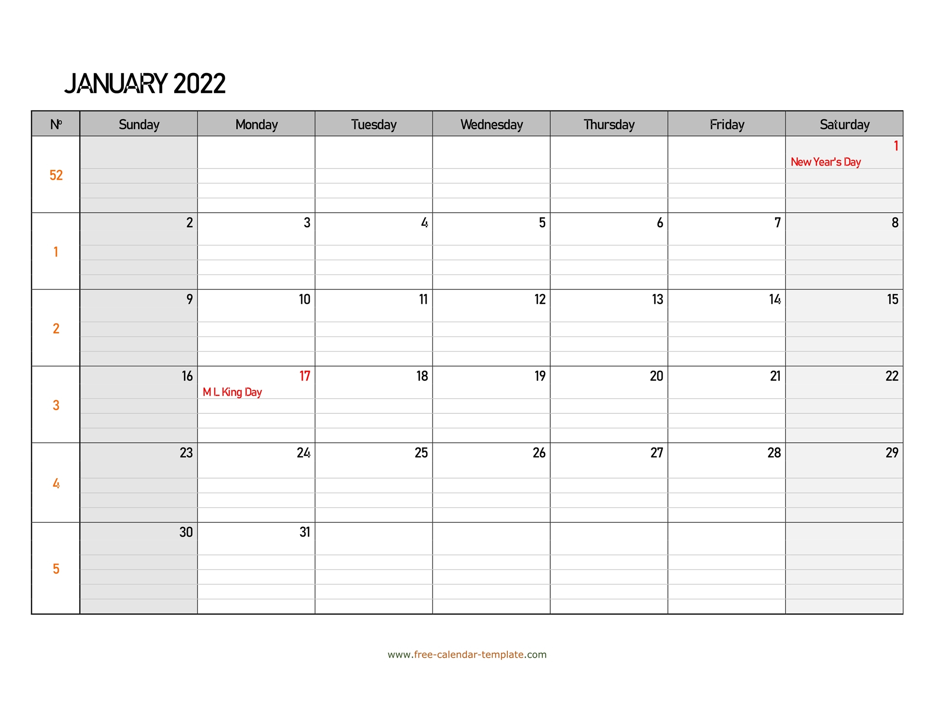 January 2022 Calendar Printable With Lines - 2023