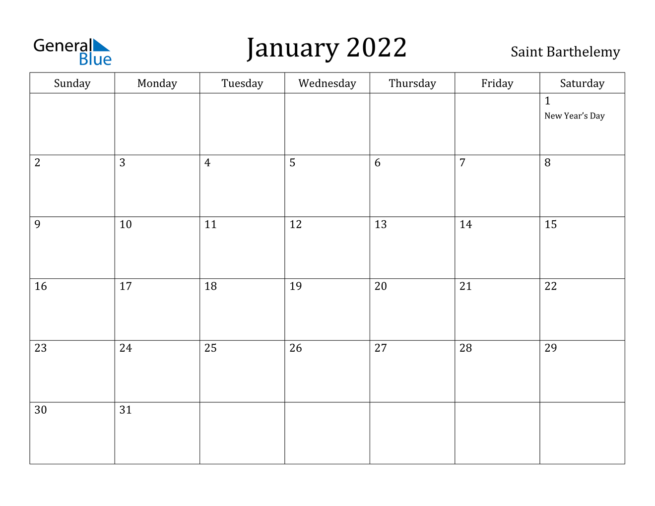 January 2022 Calendar - Saint Barthelemy