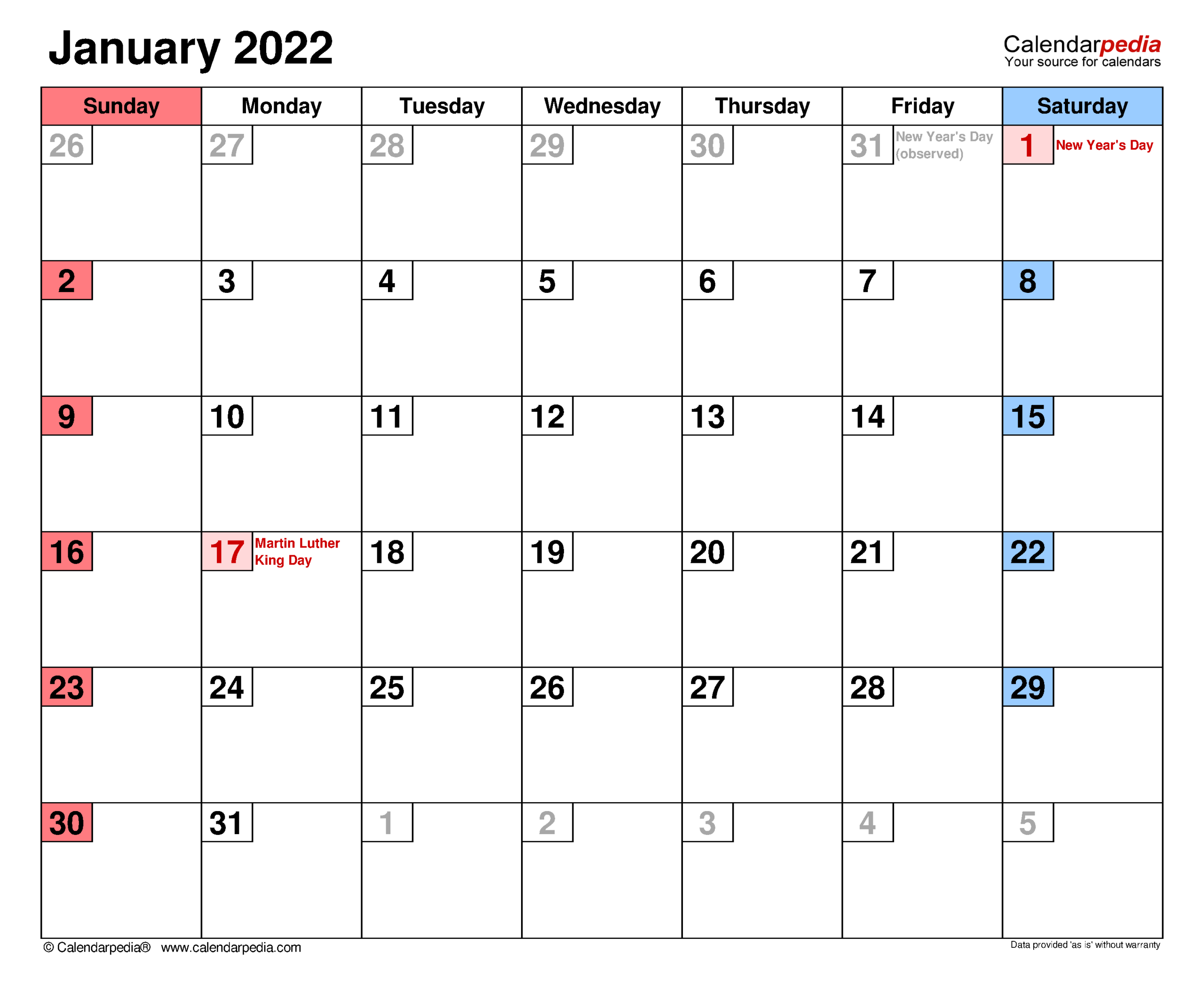 January 2022 Calendar Free