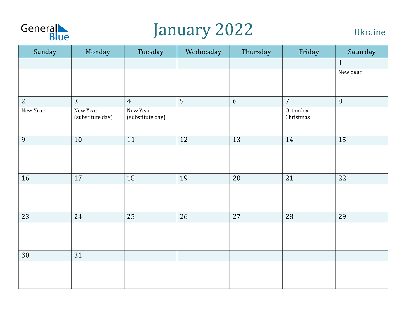 January 2022 Calendar - Ukraine