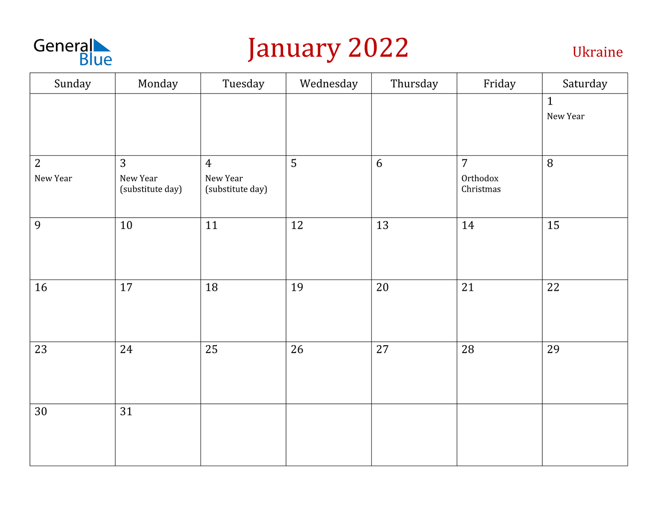 January 2022 Calendar - Ukraine