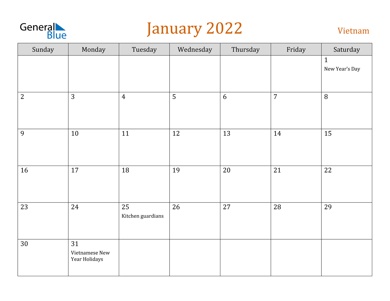 January 2022 Calendar - Vietnam