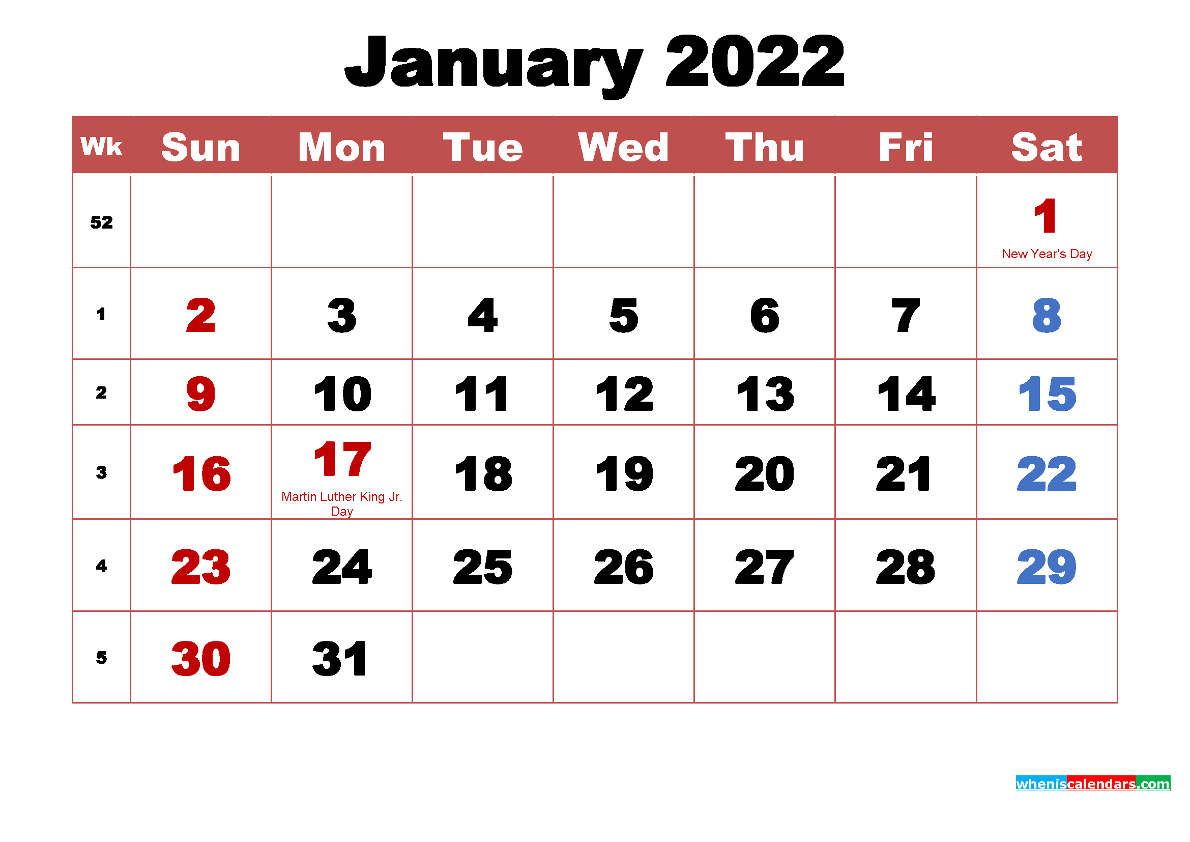 January 2022 Calendar With Holidays Printable