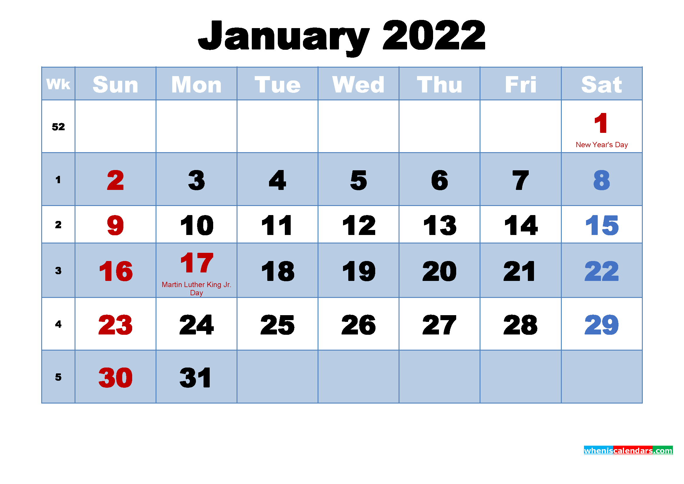 January 2022 Calendar With Holidays Printable | Free