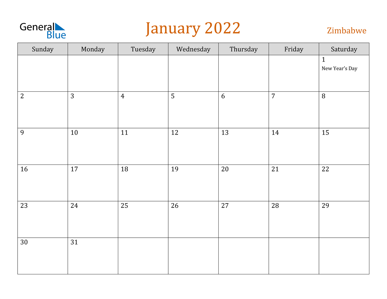 January 2022 Calendar - Zimbabwe