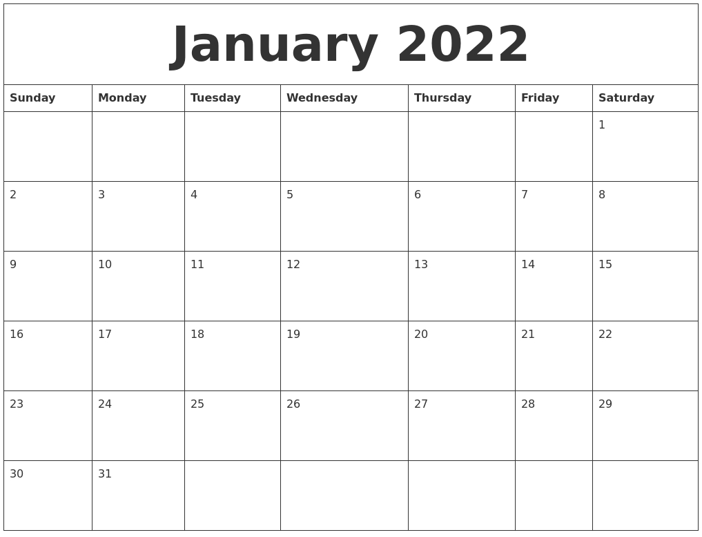 January 2022 Monthly Calendar To Print