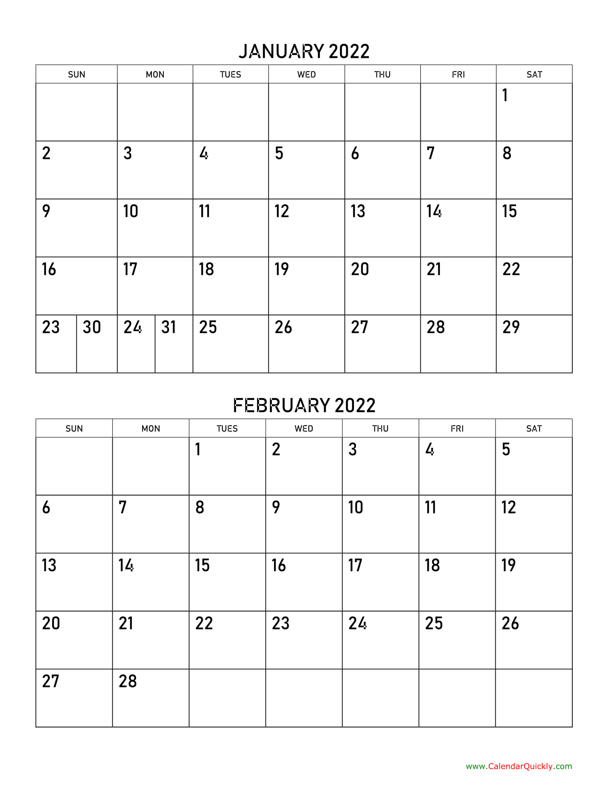 January And February 2022 Calendar | Calendar Quickly