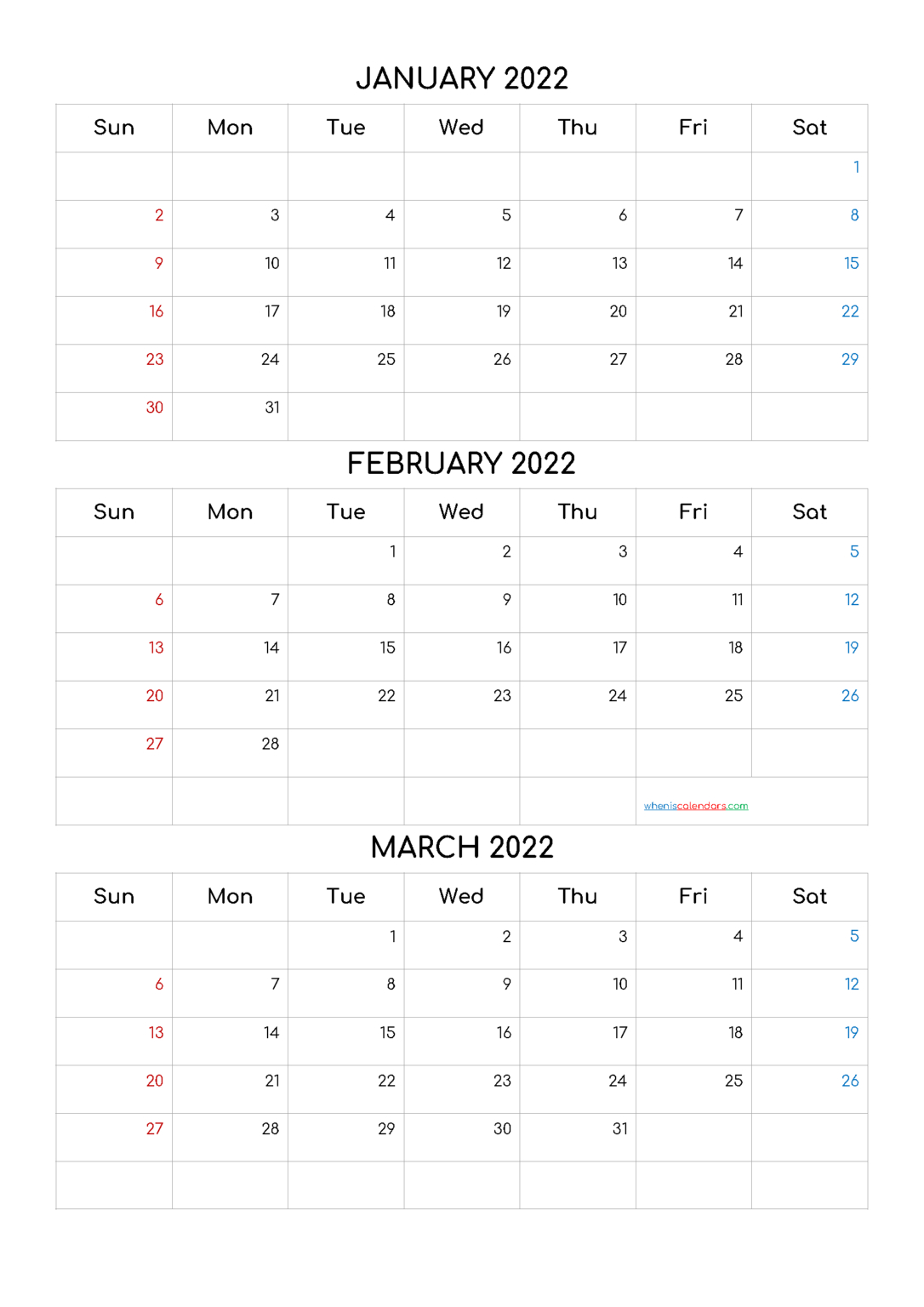 January February March Calendar 2022 Printable - 2023