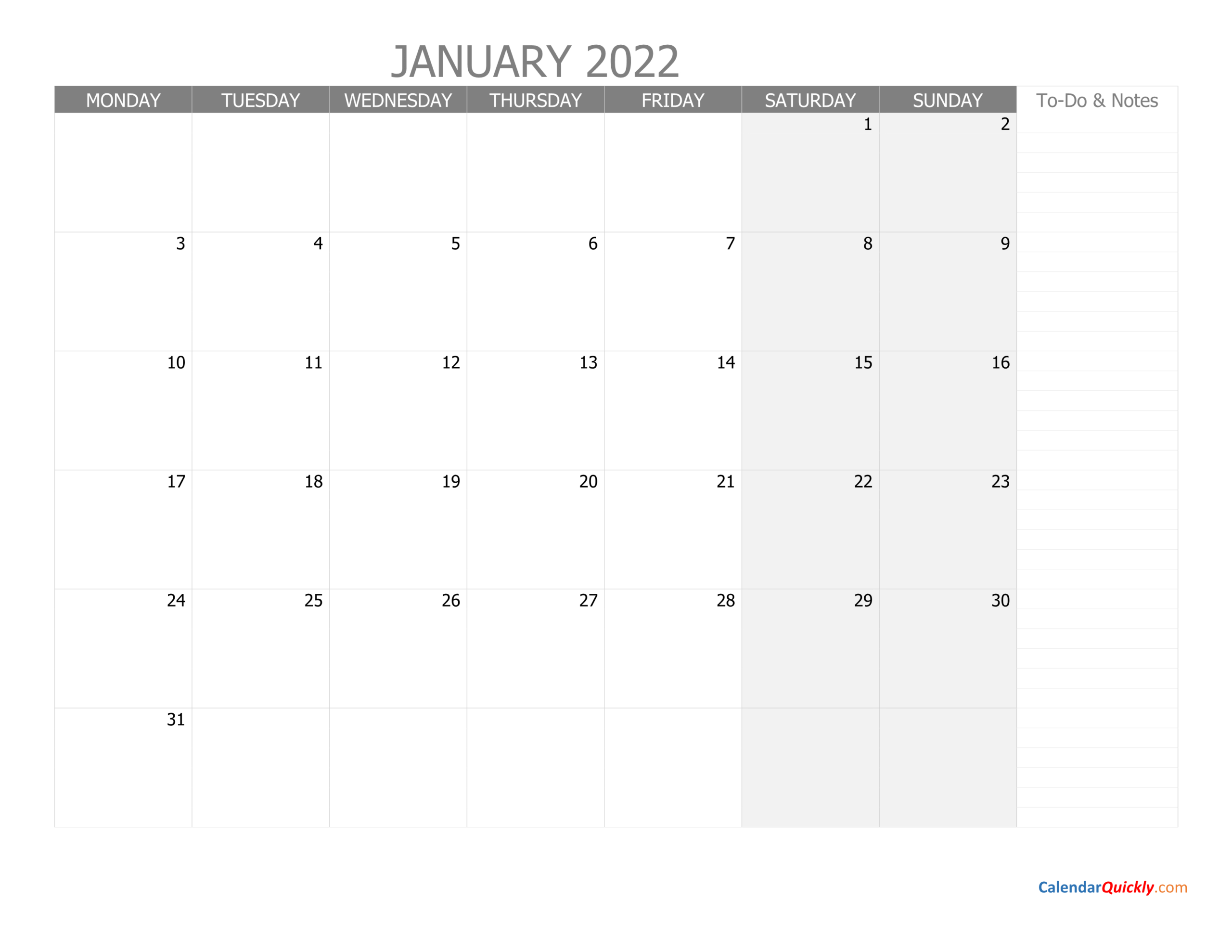 January Monday Calendar 2022 With Notes | Calendar Quickly