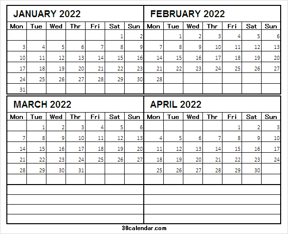 January To April 2022 Calendar | 2022 Printable Calendar