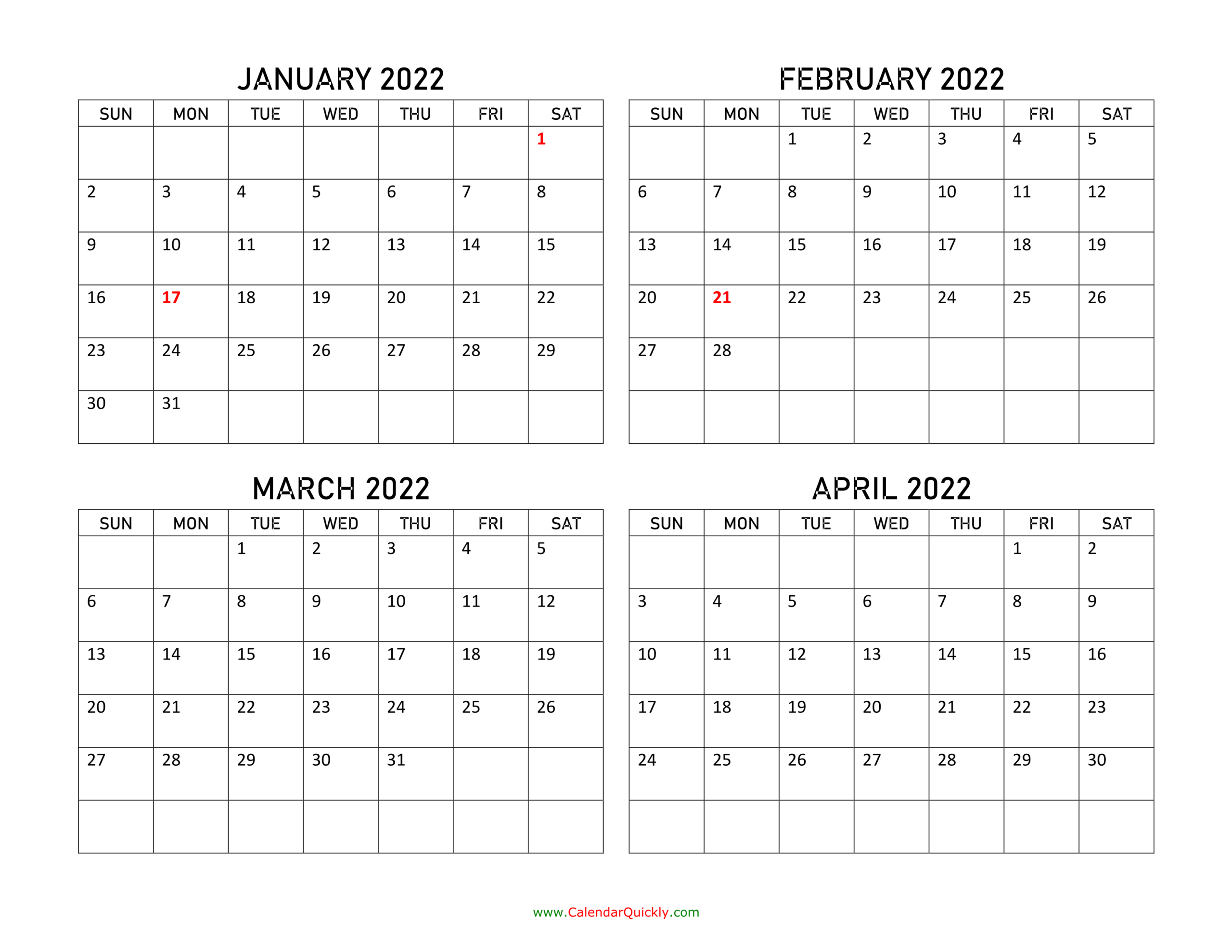 January To April 2022 Calendar | Calendar Quickly
