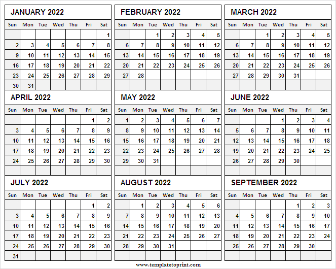January To September 2022 Printable Calendar | Editable