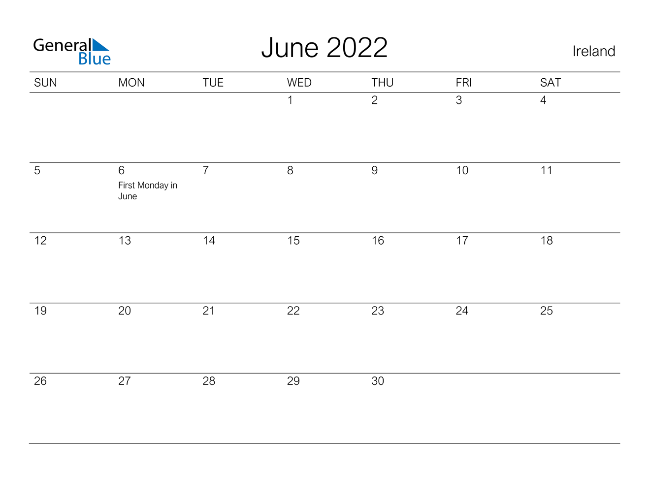 June 2022 Calendar - Ireland