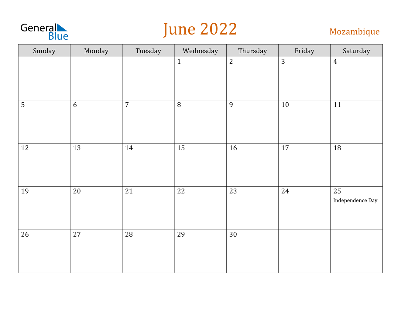June 2022 Calendar - Mozambique