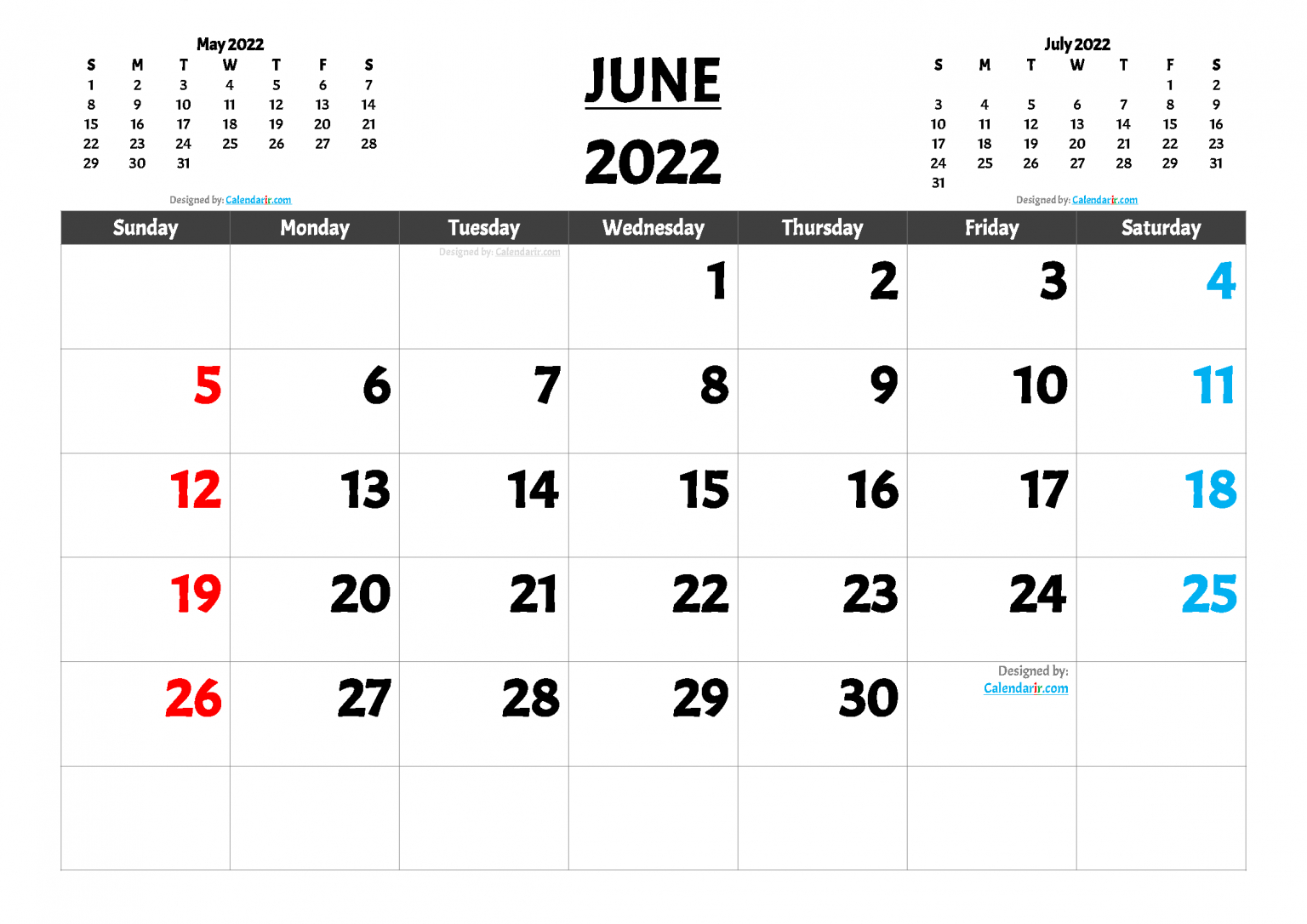 June 2022 Calendar With Holidays - 2022 Calendar Printable