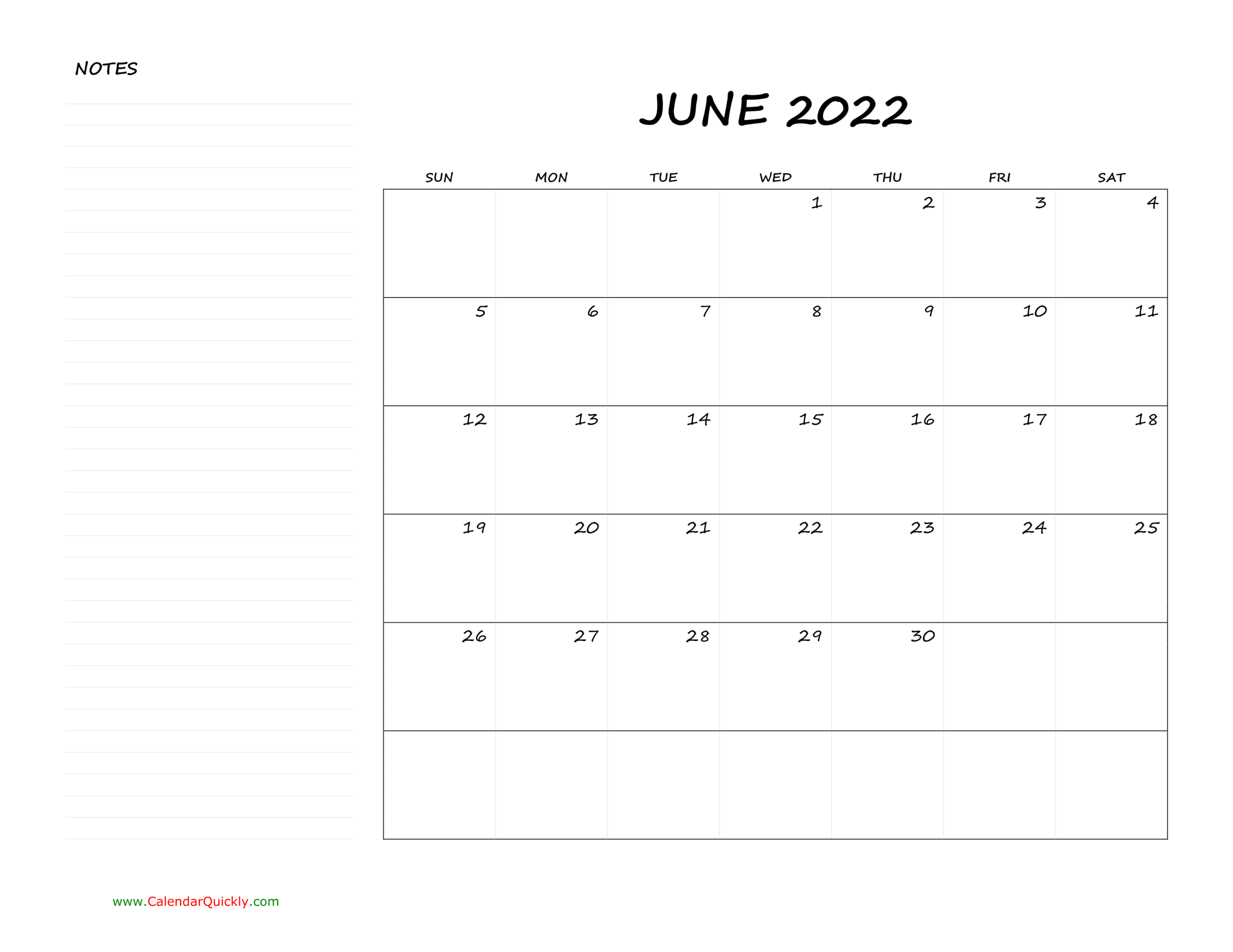 June Blank Calendar 2022 With Notes | Calendar Quickly