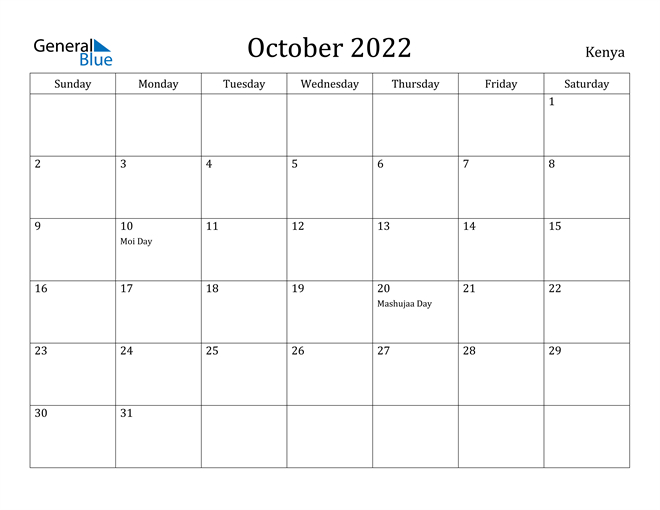 Kenya October 2022 Calendar With Holidays
