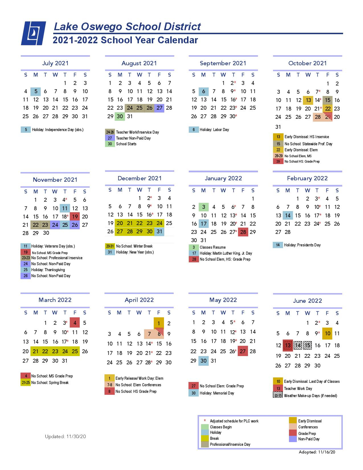 Lake Oswego School District Calendar 2021-2022 Pdf