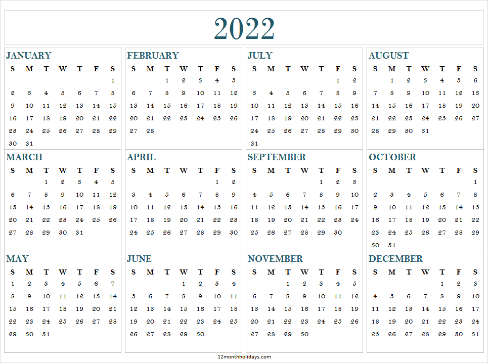 Large Print 2022 Calendar Template | January To December