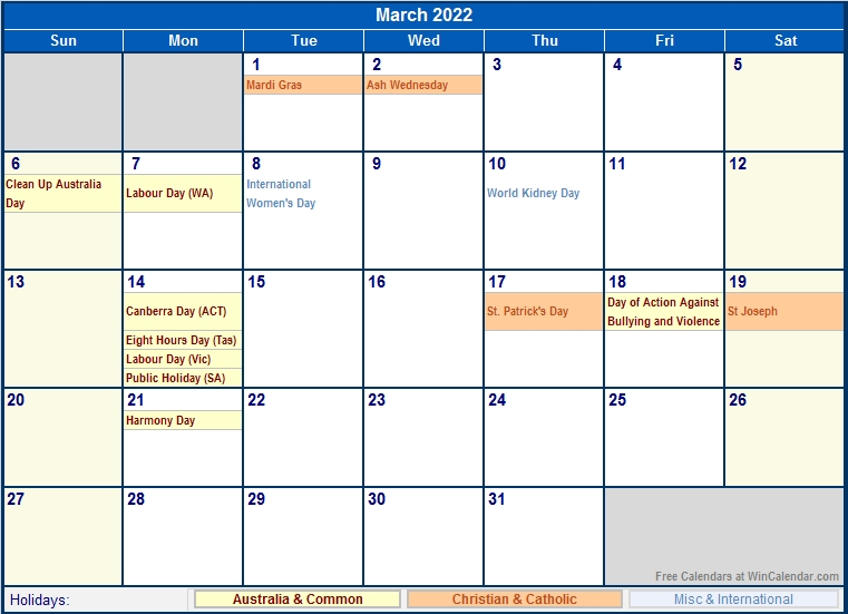 March 2022 Australia Calendar With Holidays For Printing