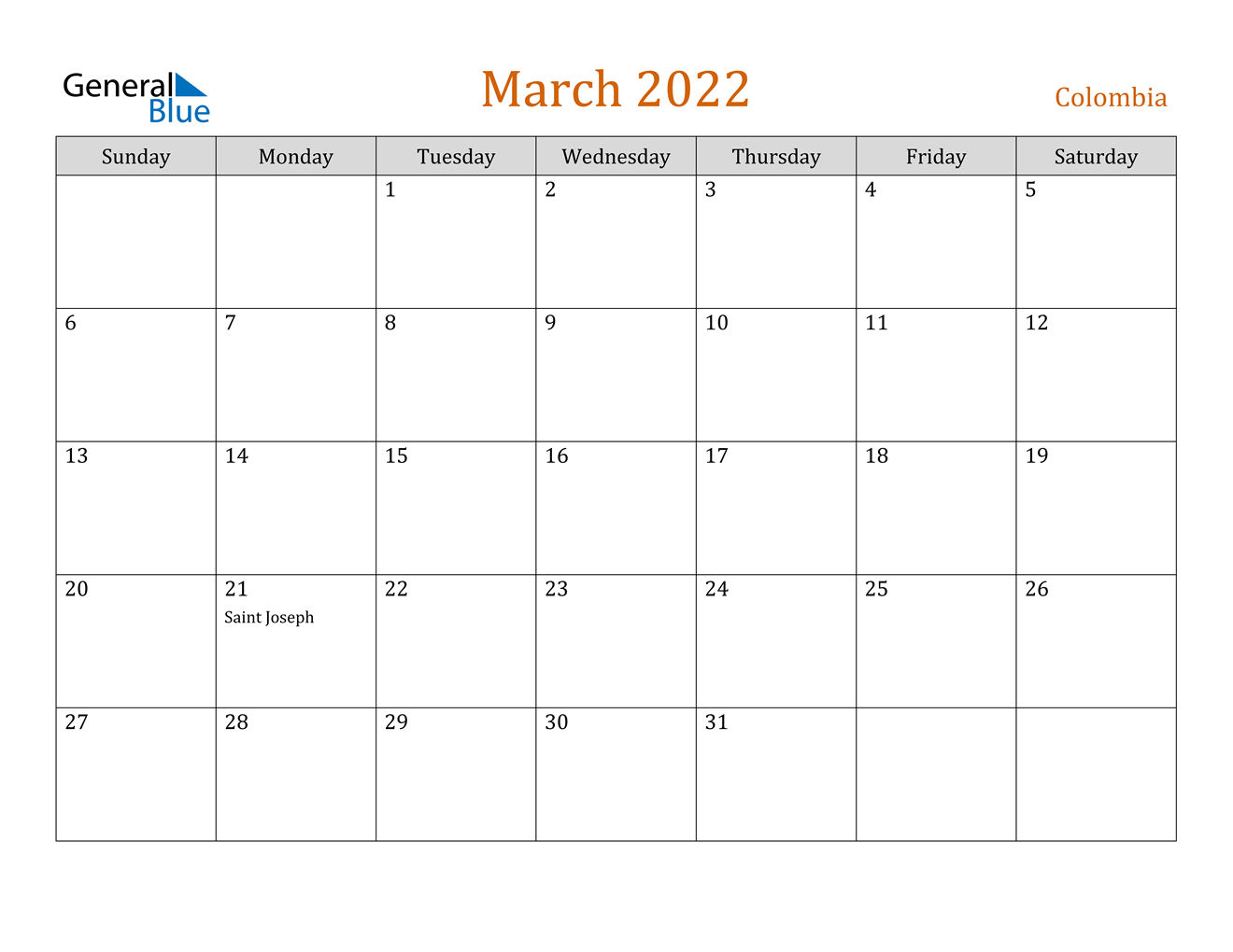 March 2022 Calendar - Colombia