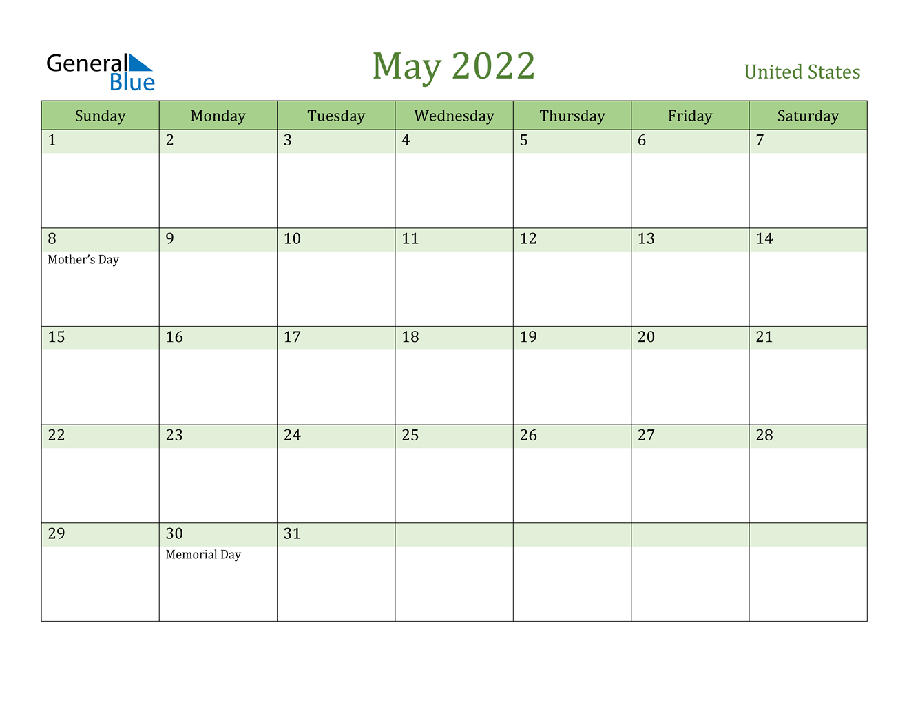 May 2022 Calendar - United States