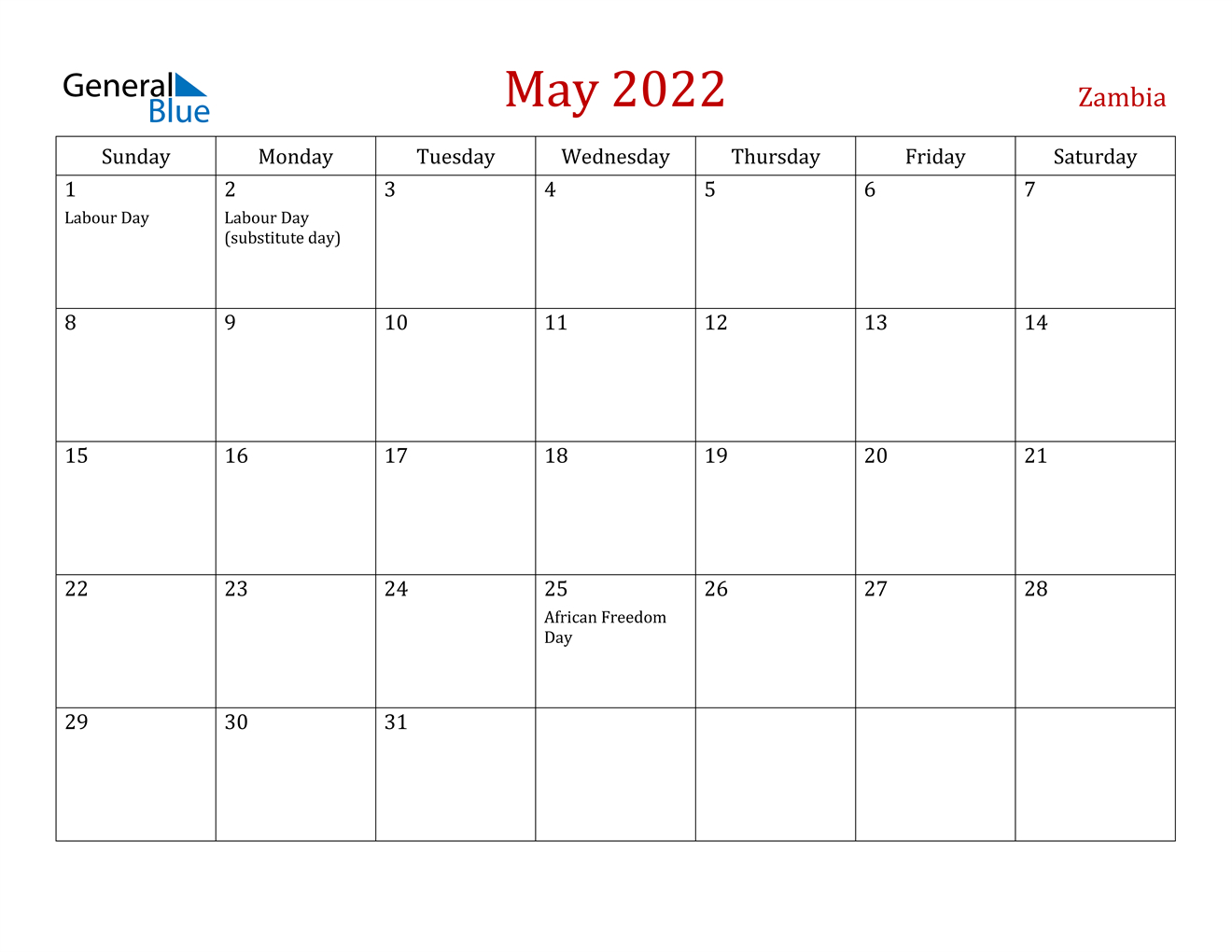 May 2022 Calendar - Zambia