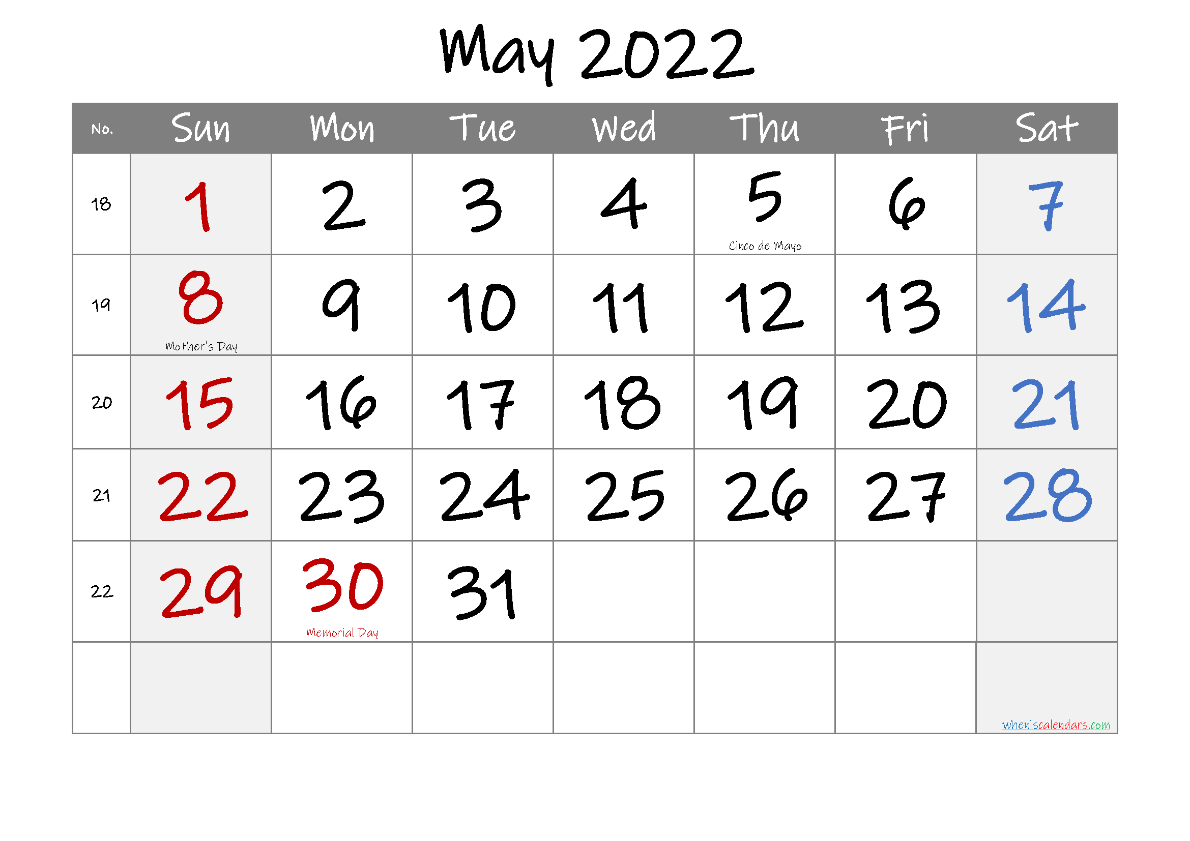 May 2022 Free Printable Calendar With Holidays-Template No