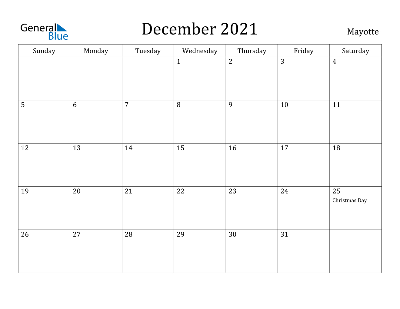 Mayotte December 2021 Calendar With Holidays