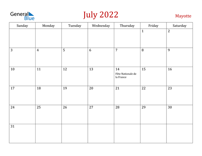 Mayotte July 2022 Calendar With Holidays