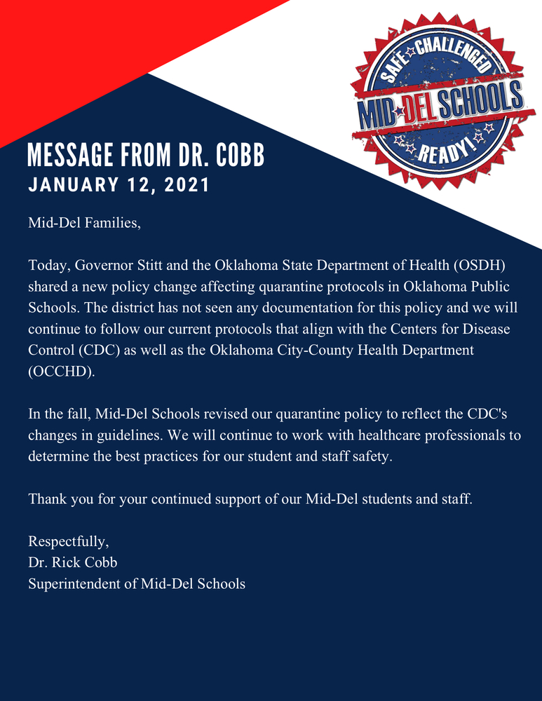 Message From Dr. Cobb: January 12, 2021 | Del City