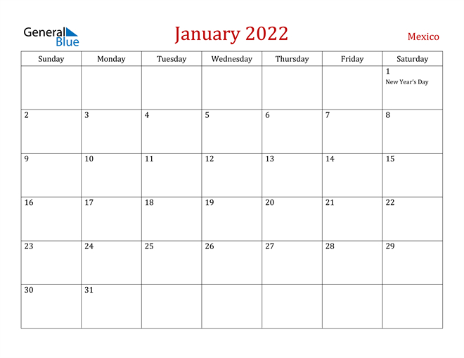 Mexico January 2022 Calendar With Holidays