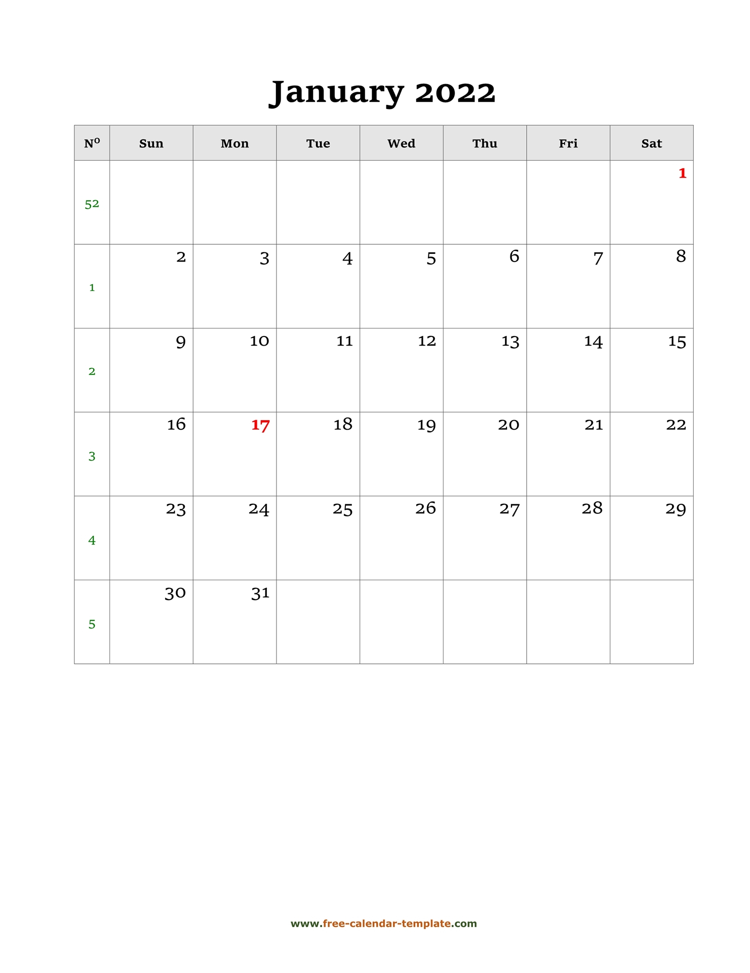 Monthly Calendar 2022 Simple Design With Large Box On Each