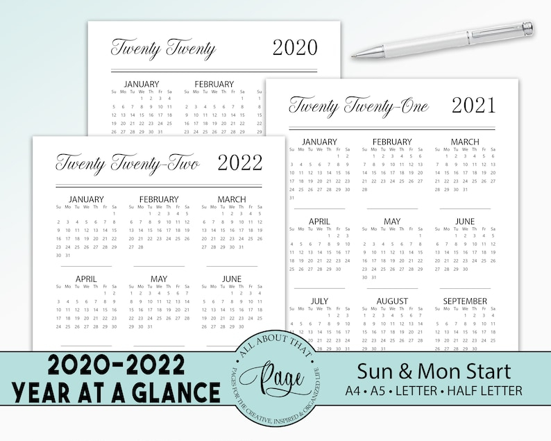 New 2020 2021 2022 Year At A Glance Calendar Sunday Monday
