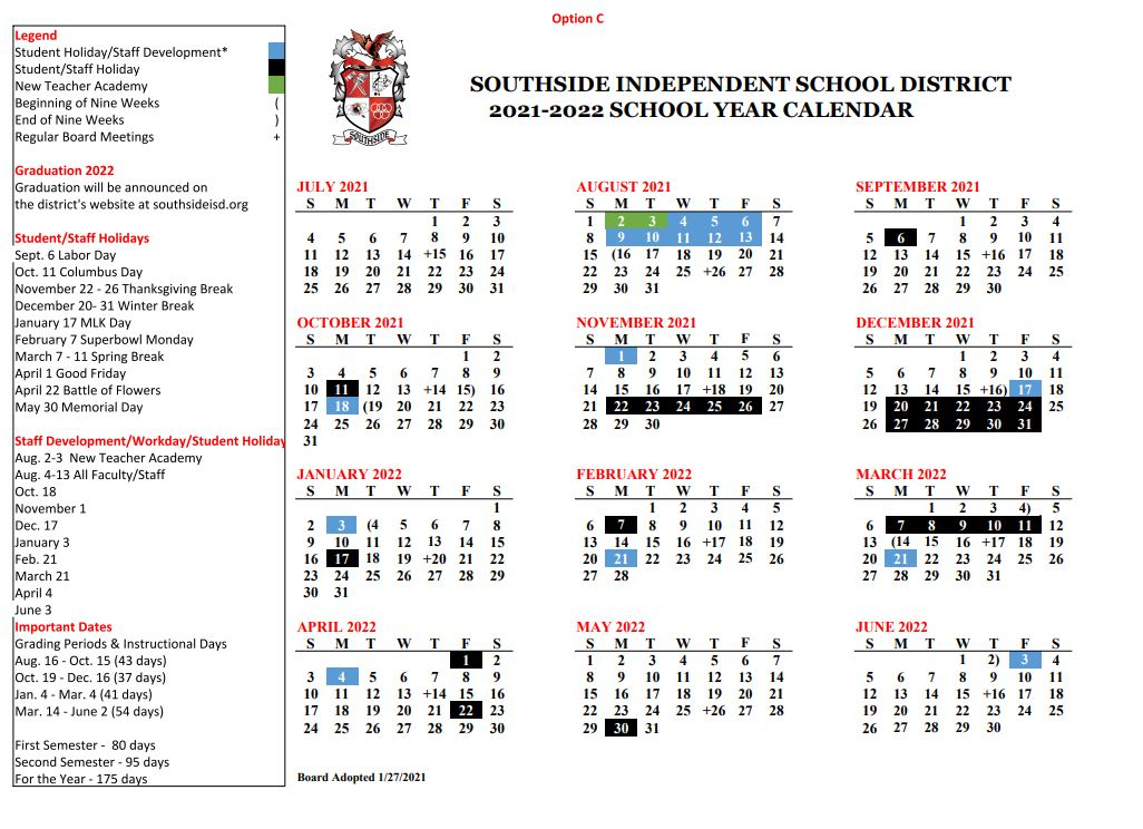 New 2021 2022 Academic Calendar | Southside Independent