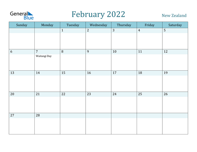 New Zealand February 2022 Calendar With Holidays