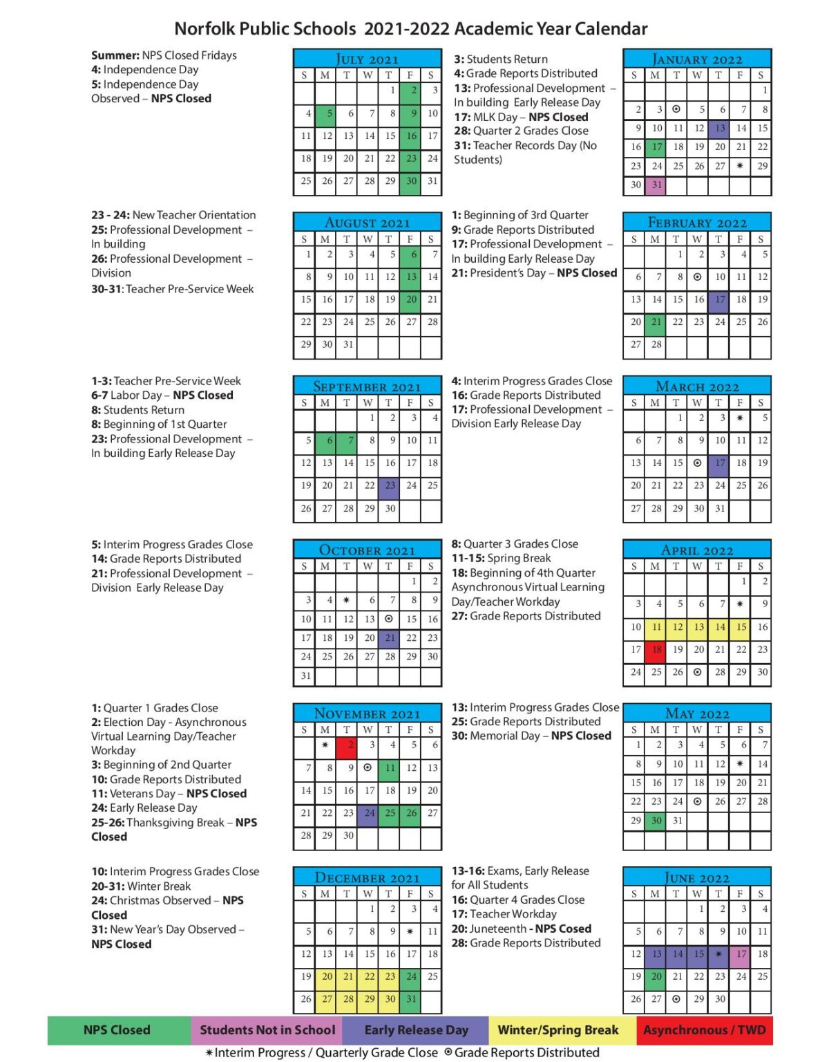 Norfolk Public Schools Calendar 2021-2022 In Pdf