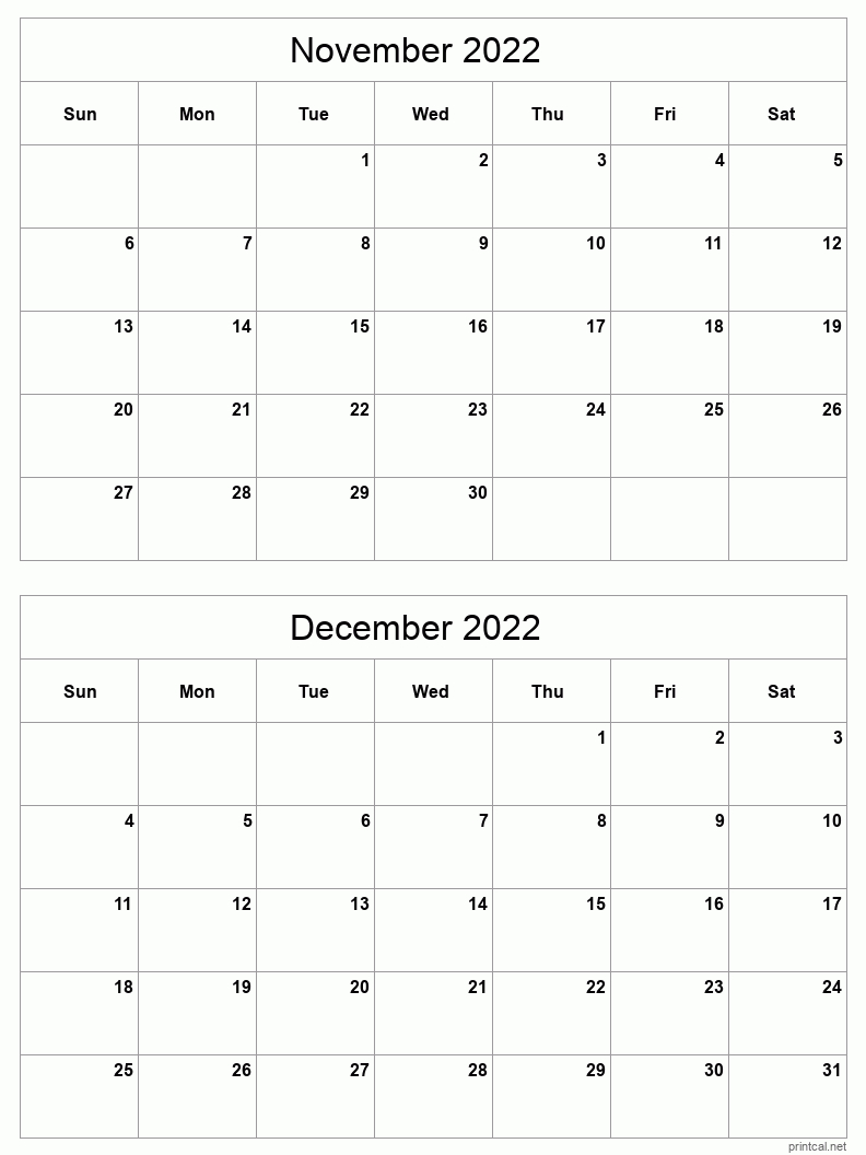 Nov-Dec 2022 Printable Calendar | Two Months Per Page