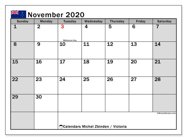 November 2020 Calendar, Victoria (Australia) - Michel