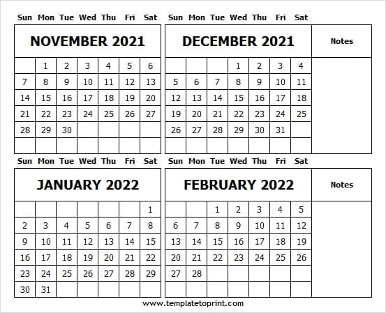 November 2021 To February 2022 Calendar Pdf | Calendar