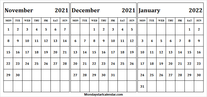 November 2021 To January 2022 Calendar A4 Size - Pinterest