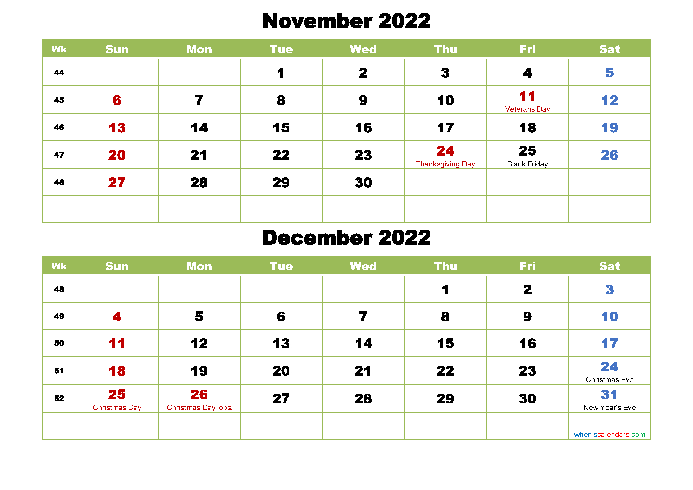 November And December 2022 Calendar With Holidays - Free
