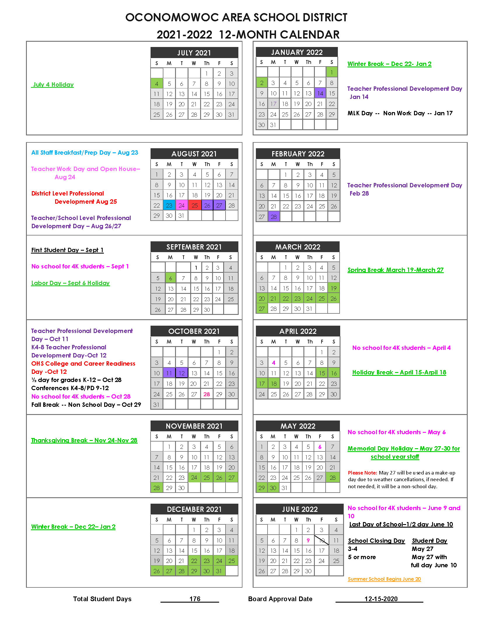 Oconomowoc Area School District: School Year Calendar