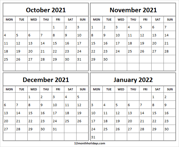 October 2021 To January 2022 Calendar - Printable Calendar