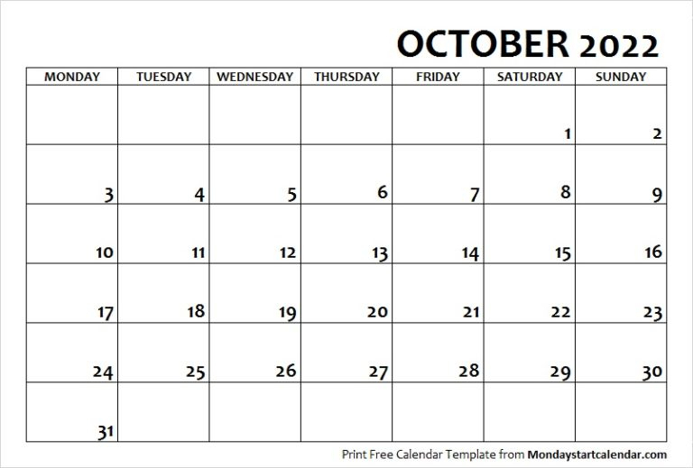 October 2022 Calendar Monday Start | October Month Template