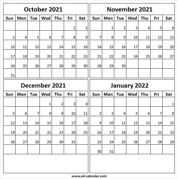 October Through January Calendar 2021 2022 | Monthly Calendar