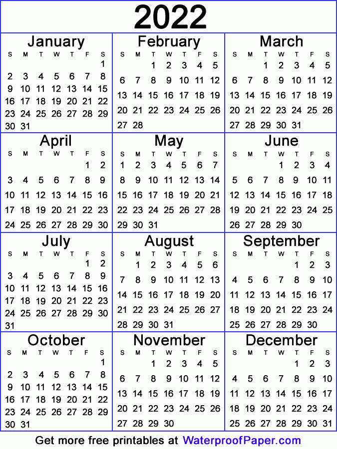 One Page Calendar - Free Printable For 2021, 2022